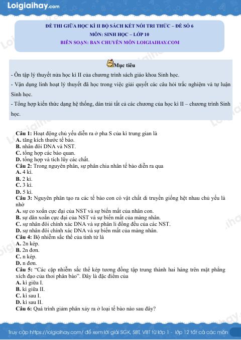 Đề thi giữa học kì 2 Sinh 10 Kết nối tri thức - Đề số 6
